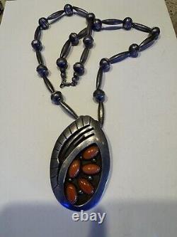 Vintage Native American Coral Shadowbox Necklace Sterling Silver