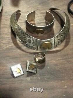 Vintage Native American Hammered Sterling Silver with Gold Bear Jewelry set