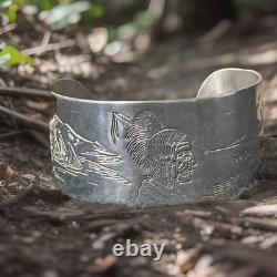 Vintage Native American Hand Carved Silver Bracelet, Symbolic Imaginary