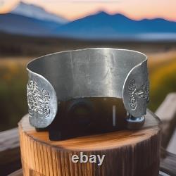Vintage Native American Hand Carved Silver Bracelet, Symbolic Imaginary