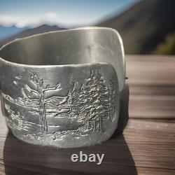 Vintage Native American Hand Carved Silver Bracelet, Symbolic Imaginary