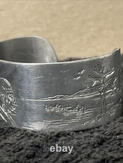 Vintage Native American Hand Carved Silver Bracelet, Symbolic Imaginary