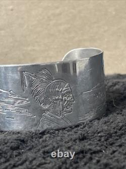 Vintage Native American Hand Carved Silver Bracelet, Symbolic Imaginary