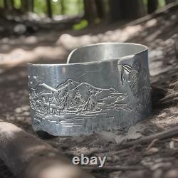 Vintage Native American Hand Carved Silver Bracelet, Symbolic Imaginary