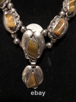 Vintage Native American Jewelry & Genuine TIGER EYE Squash Blossom Necklace, 70