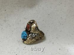 Vintage Native American Jewelry Navajo Turquoise Coral Sterling Silver Leaf Ring