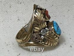Vintage Native American Jewelry Navajo Turquoise Coral Sterling Silver Leaf Ring