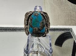 Vintage Native American Jewelry Ring 925 Silver with Large Centered Turquoise 9.5