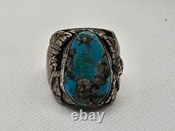 Vintage Native American Jewelry Ring 925 Silver with Large Centered Turquoise 9.5