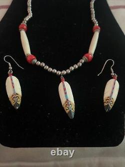 Vintage Native American Jewelry Set Necklace Earrings Feathers Bone Matching