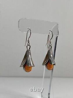 Vintage Native American Jewelry Spiny Oyster Orange Stone Silver Earrings