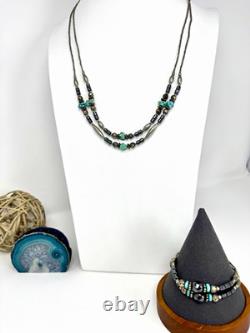 Vintage Native American Layered Turquoise Liquid Silver Necklace & Bracelet Set