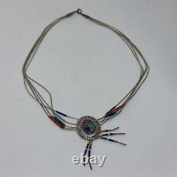 Vintage Native American Multi Gem Bead & Turquoise Sterling Silver Chain