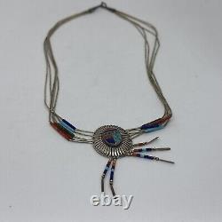 Vintage Native American Multi Gem Bead & Turquoise Sterling Silver Chain