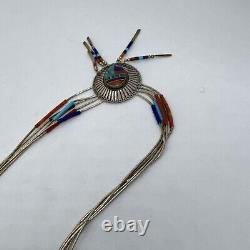 Vintage Native American Multi Gem Bead & Turquoise Sterling Silver Chain