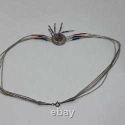 Vintage Native American Multi Gem Bead & Turquoise Sterling Silver Chain