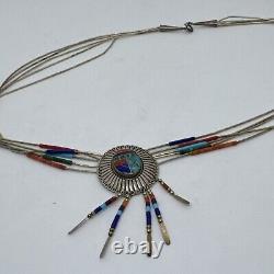 Vintage Native American Multi Gem Bead & Turquoise Sterling Silver Chain