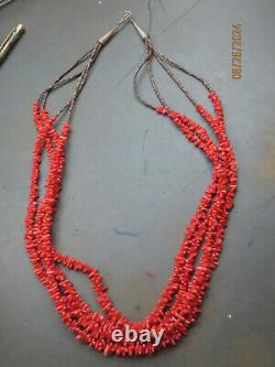 Vintage Native American Natural Red Coral Sterling Silver 4 Strand necklace