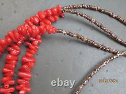 Vintage Native American Natural Red Coral Sterling Silver 4 Strand necklace