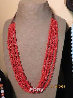 Vintage Native American Natural Red Coral Sterling Silver 4 Strand necklace