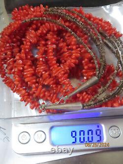 Vintage Native American Natural Red Coral Sterling Silver 4 Strand necklace