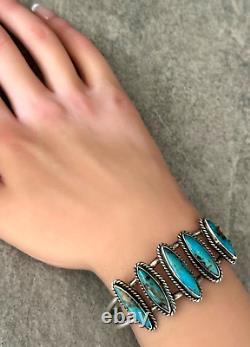 Vintage Native American Navajo 5 Turquoise Row Sterling silver Bracelet