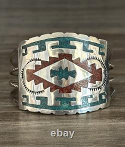 Vintage Native American Navajo Chip Inlay Turquoise Coral Sterling Bracelet