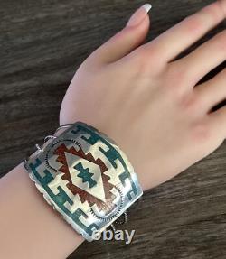 Vintage Native American Navajo Chip Inlay Turquoise Coral Sterling Bracelet
