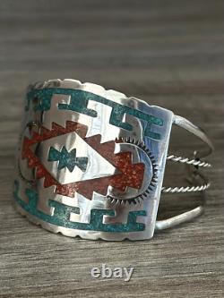 Vintage Native American Navajo Chip Inlay Turquoise Coral Sterling Bracelet