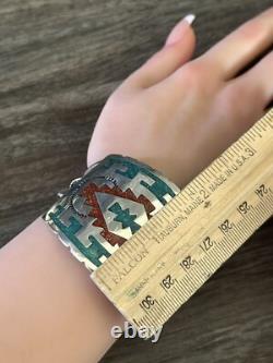 Vintage Native American Navajo Chip Inlay Turquoise Coral Sterling Bracelet