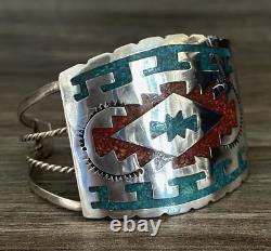 Vintage Native American Navajo Chip Inlay Turquoise Coral Sterling Bracelet