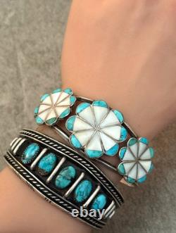 Vintage Native American Navajo FIVE TURQUOISE Row Sterling Bracelet 47+g 7 in
