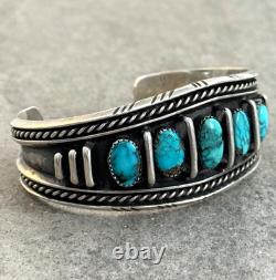 Vintage Native American Navajo FIVE TURQUOISE Row Sterling Bracelet 47+g 7 in