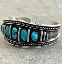 Vintage Native American Navajo FIVE TURQUOISE Row Sterling Bracelet 47+g 7 in