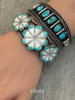 Vintage Native American Navajo FIVE TURQUOISE Row Sterling Bracelet 47+g 7 in