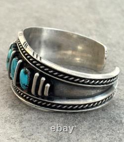 Vintage Native American Navajo FIVE TURQUOISE Row Sterling Bracelet 47+g 7 in