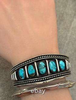 Vintage Native American Navajo FIVE TURQUOISE Row Sterling Bracelet 47+g 7 in