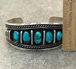 Vintage Native American Navajo FIVE TURQUOISE Row Sterling Bracelet 47+g 7 in