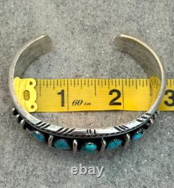 Vintage Native American Navajo FIVE TURQUOISE Row Sterling Bracelet 47+g 7 in