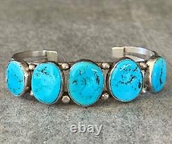 Vintage Native American Navajo FIVE Turquoise ROW Sterling Bracelet 31g Signed