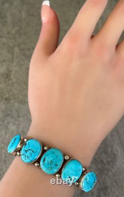 Vintage Native American Navajo FIVE Turquoise ROW Sterling Bracelet 31g Signed