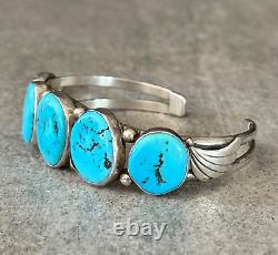 Vintage Native American Navajo FIVE Turquoise ROW Sterling Bracelet 31g Signed