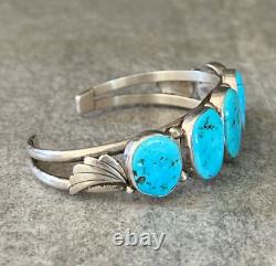 Vintage Native American Navajo FIVE Turquoise ROW Sterling Bracelet 31g Signed