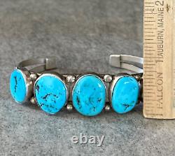 Vintage Native American Navajo FIVE Turquoise ROW Sterling Bracelet 31g Signed