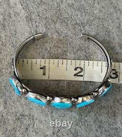 Vintage Native American Navajo FIVE Turquoise ROW Sterling Bracelet 31g Signed
