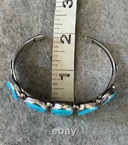 Vintage Native American Navajo FIVE Turquoise ROW Sterling Bracelet 31g Signed