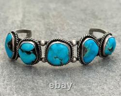 Vintage Native American Navajo FIVE Turquoise ROW Sterling silver Bracelet