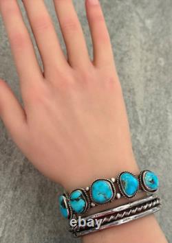 Vintage Native American Navajo FIVE Turquoise ROW Sterling silver Bracelet
