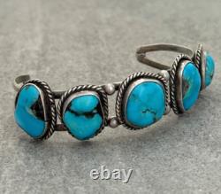 Vintage Native American Navajo FIVE Turquoise ROW Sterling silver Bracelet