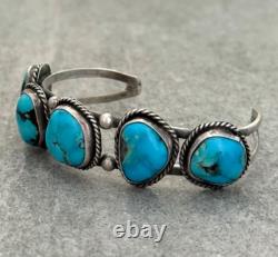 Vintage Native American Navajo FIVE Turquoise ROW Sterling silver Bracelet
